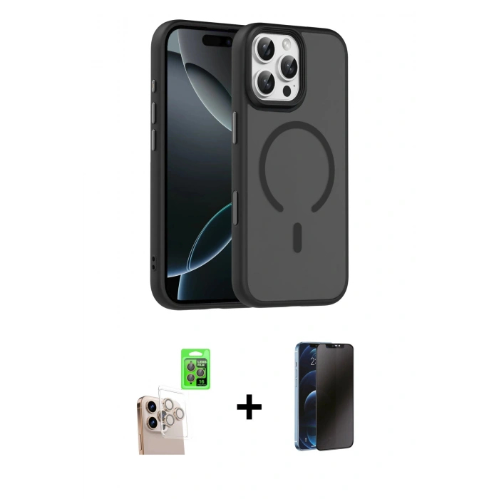 MARSİLYAN™- iPhone 16 Pro Max Kılıf Doruk Form Serisi - Siyah 3D Antistatik Hayalet Cam Ekran Koruyucu + Raze Metal Kamera Lens - NLGY