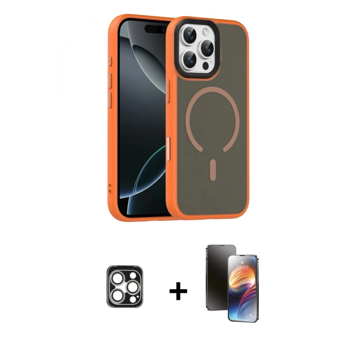 MARSİLYAN™- iPhone 16 Pro Max Kılıf Doruk Form Serisi - Siyah 3D Antistatik Mat Seramik Nano Ekran Koruyucu + Gümüş PVD Metal Kamera Lens