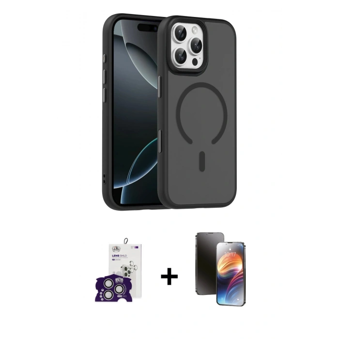 MARSİLYAN™- iPhone 16 Pro Max Kılıf Doruk Form Serisi - Siyah 3D Antistatik Mat Seramik Nano Ekran Koruyucu + Bilvis Titan Kamera Lens - GS