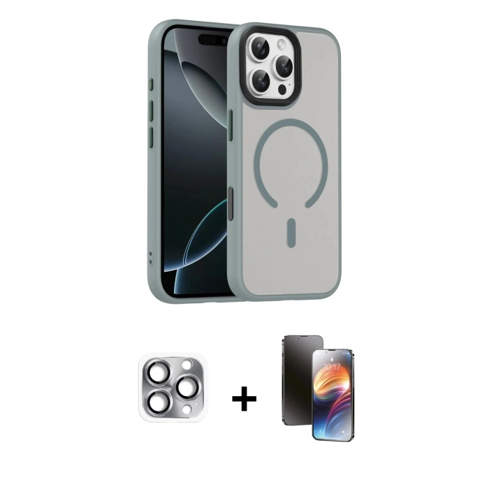 MARSİLYAN™- iPhone 16 Pro Max Kılıf Doruk Form Serisi - Siyah 3D Antistatik Mat Seramik Nano Ekran Koruyucu + Gri Pers Alüminyum Kamera Lens