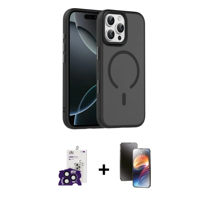 MARSİLYAN™- iPhone 16 Pro Max Kılıf Doruk Form Serisi - Siyah 3D Antistatik Mat Seramik Nano Ekran Koruyucu + Bilvis Titan Kamera Lens - SH