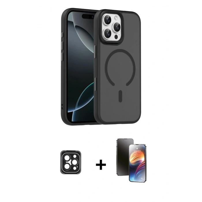 MARSİLYAN™- iPhone 16 Pro Max Kılıf Doruk Form Serisi - Siyah 3D Antistatik Mat Seramik Nano Ekran Koruyucu + PVD Metal Kamera Lens - SH