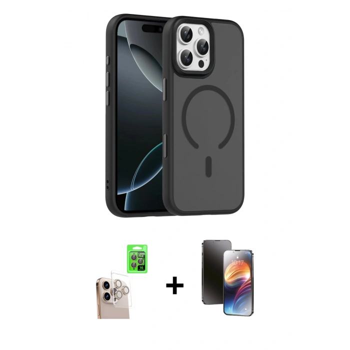 MARSİLYAN™- iPhone 16 Pro Max Kılıf Doruk Form Serisi - Siyah 3D Antistatik Mat Seramik Nano Ekran Koruyucu + Raze Metal Kamera Lens - NLGY