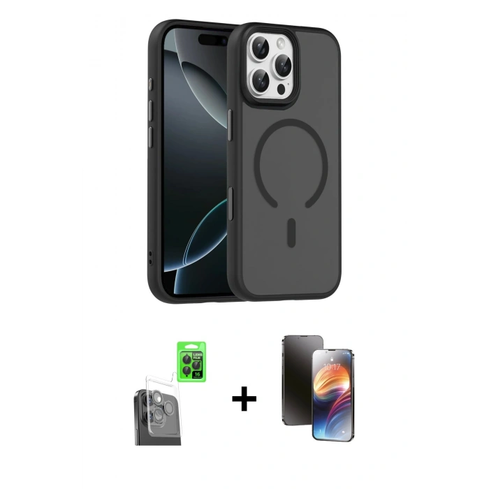 MARSİLYAN™- iPhone 16 Pro Max Kılıf Doruk Form Serisi - Siyah 3D Antistatik Mat Seramik Nano Ekran Koruyucu + Raze Metal Kamera Lens - SH