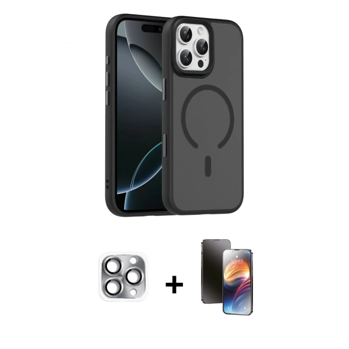 MARSİLYAN™- iPhone 16 Pro Max Kılıf Doruk Form Serisi - Siyah 3D Antistatik Mat Seramik Nano Ekran Koruyucu + Gri Pers Alüminyum Kamera Lens