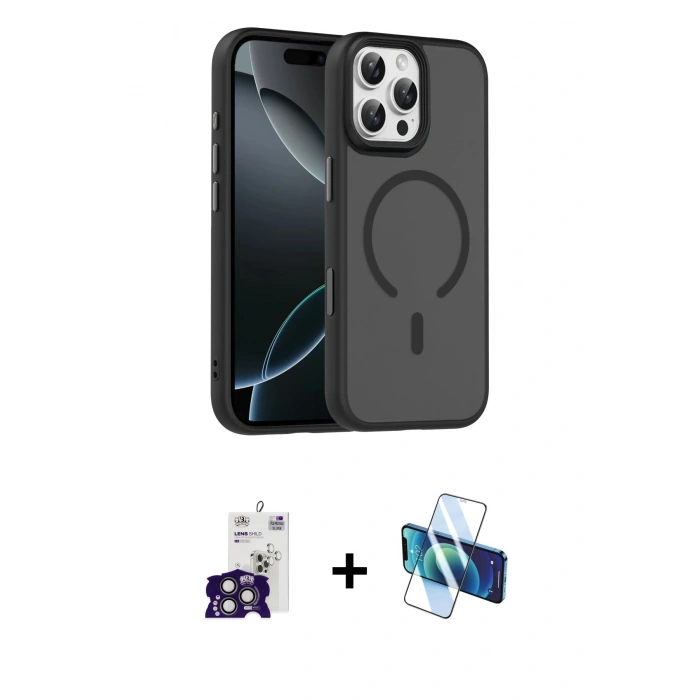 MARSİLYAN™- iPhone 16 Pro Max Kılıf Doruk Form Serisi - Siyah 3D Antistatik Seramik Nano Ekran Koruyucu + Bilvis Titan Kamera Lens - TMGI