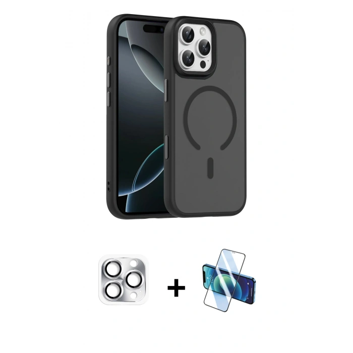 MARSİLYAN™- iPhone 16 Pro Max Kılıf Doruk Form Serisi - Siyah 3D Antistatik Seramik Nano Ekran Koruyucu + Pers Alüminyum Kamera Lens - GS