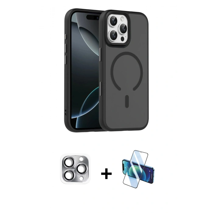 MARSİLYAN™- iPhone 16 Pro Max Kılıf Doruk Form Serisi - Siyah 3D Antistatik Seramik Nano Ekran Koruyucu + Pers Alüminyum Kamera Lens - GI