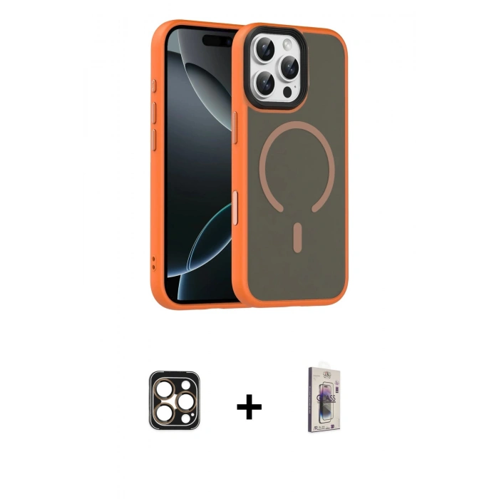 MARSİLYAN™- iPhone 16 Pro Max Kılıf Doruk Form Serisi - Siyah Bilvis 3D Cam Ekran Koruyucu + PVD Metal Kamera Lens - GD