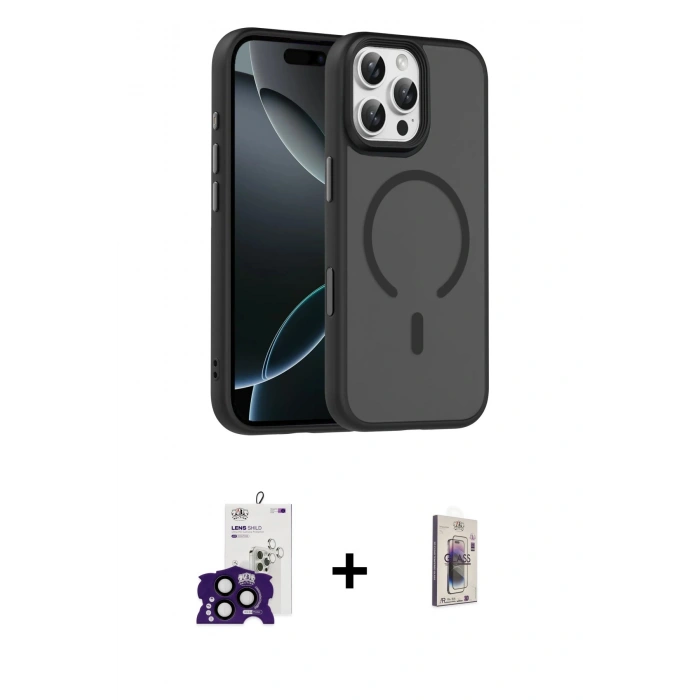 MARSİLYAN™- iPhone 16 Pro Max Kılıf Doruk Form Serisi - Siyah Bilvis 3D Cam Ekran Koruyucu + Bilvis Titan Kamera Lens - SH