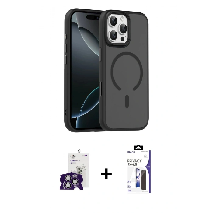 MARSİLYAN™- iPhone 16 Pro Max Kılıf Doruk Form Serisi - Siyah Bilvis 3X AR Hayalet Cam Ekran Koruyucu + Bilvis Titan Kamera Lens - GS