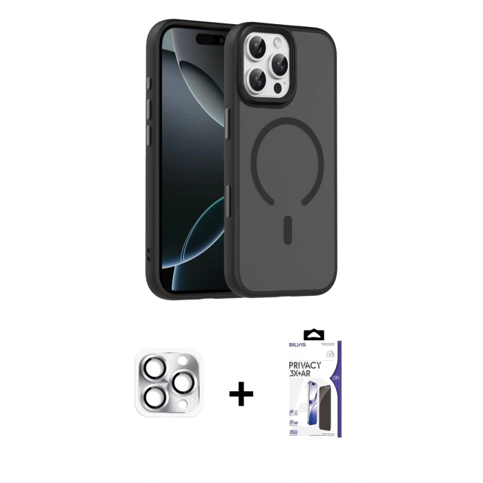 MARSİLYAN™- iPhone 16 Pro Max Kılıf Doruk Form Serisi - Siyah Bilvis 3X AR Hayalet Cam Ekran Koruyucu + Pers Alüminyum Kamera Lens - GS