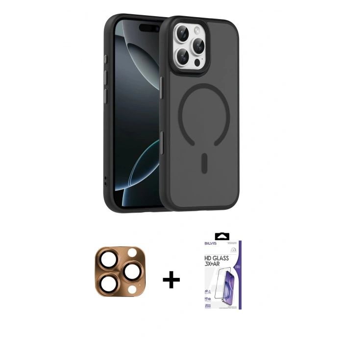 MARSİLYAN™- iPhone 16 Pro Max Kılıf Doruk Form Serisi - Siyah Bilvis 3X AR HD Cam Ekran Koruyucu + Pers Alüminyum Kamera Lens - CLTM