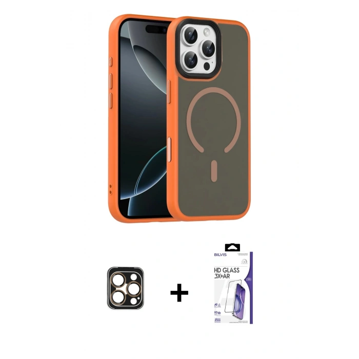 MARSİLYAN™- iPhone 16 Pro Max Kılıf Doruk Form Serisi - Siyah Bilvis 3X AR HD Cam Ekran Koruyucu + PVD Metal Kamera Lens - GD