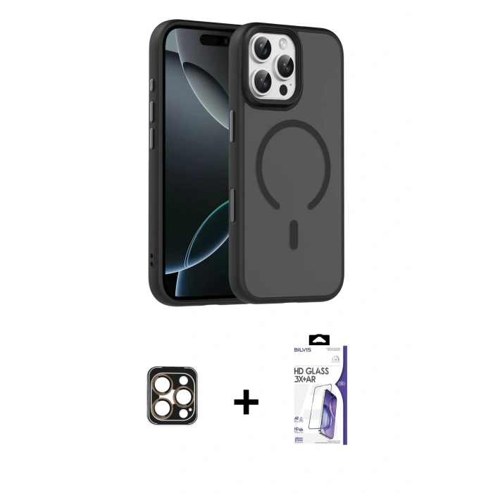 MARSİLYAN™- iPhone 16 Pro Max Kılıf Doruk Form Serisi - Siyah Bilvis 3X AR HD Cam Ekran Koruyucu + PVD Metal Kamera Lens - GD