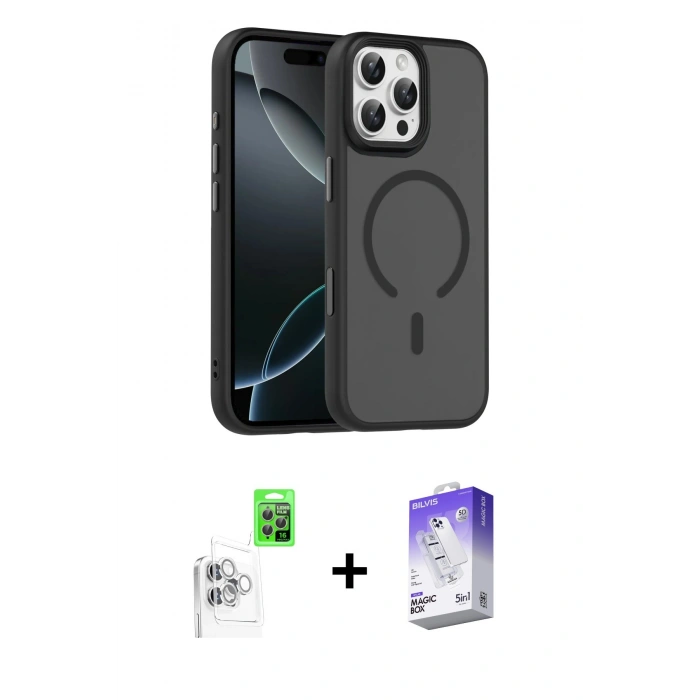 MARSİLYAN™- iPhone 16 Pro Max Kılıf Doruk Form Serisi - Siyah Bilvis 5in1 3D Magic Cam Ekran Koruyucu + Raze Metal Kamera Lens - BZ