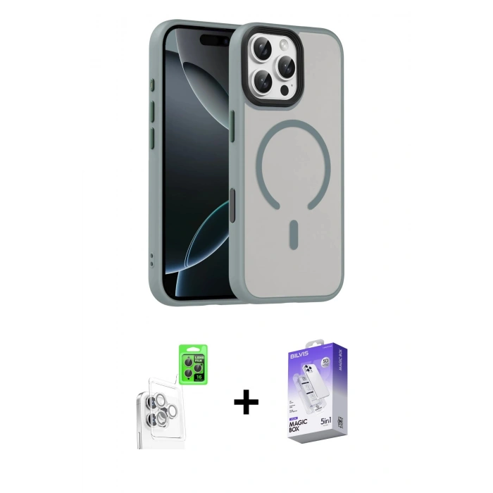 MARSİLYAN™- iPhone 16 Pro Max Kılıf Doruk Form Serisi - Siyah Bilvis 5in1 3D Magic Cam Ekran Koruyucu + Raze Metal Kamera Lens - BZ