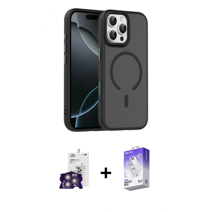 MARSİLYAN™- iPhone 16 Pro Max Kılıf Doruk Form Serisi - Siyah Bilvis 5in1 3D Magic Cam Ekran Koruyucu + Bilvis Titan Kamera Lens - GS