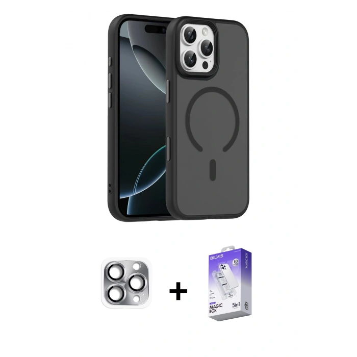 MARSİLYAN™- iPhone 16 Pro Max Kılıf Doruk Form Serisi - Siyah Bilvis 5in1 3D Magic Cam Ekran Koruyucu + Pers Alüminyum Kamera Lens - GI