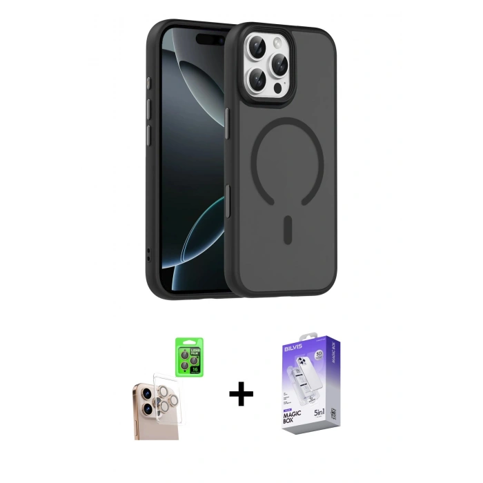MARSİLYAN™- iPhone 16 Pro Max Kılıf Doruk Form Serisi - Siyah Bilvis 5in1 3D Magic Cam Ekran Koruyucu + Raze Metal Kamera Lens - NLGY