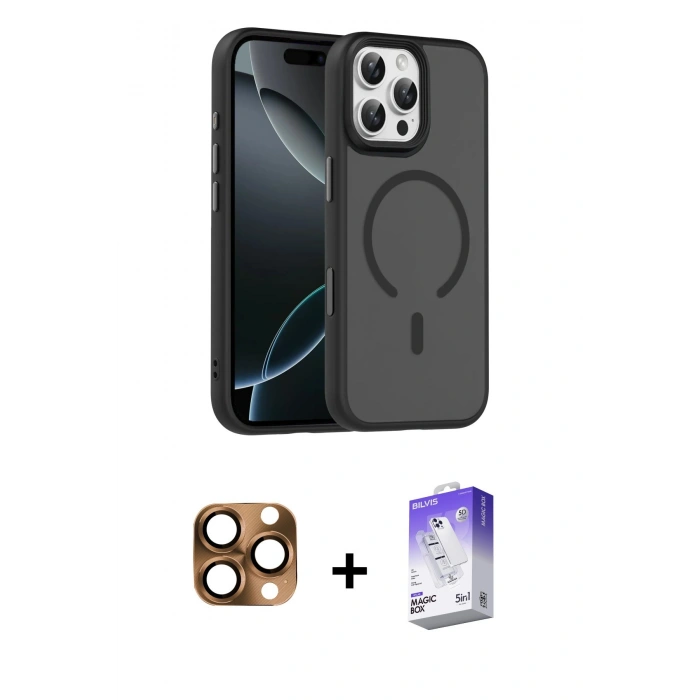 MARSİLYAN™- iPhone 16 Pro Max Kılıf Doruk Form Serisi - Siyah Bilvis 5in1 3D Magic Cam Ekran Koruyucu + Pers Alüminyum Kamera Lens - CLTM