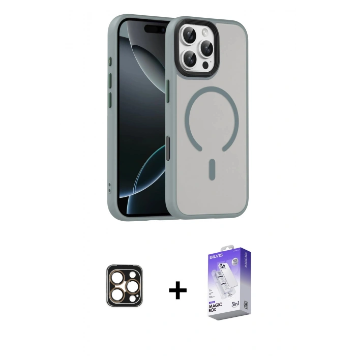 MARSİLYAN™- iPhone 16 Pro Max Kılıf Doruk Form Serisi - Siyah Bilvis 5in1 3D Magic Cam Ekran Koruyucu + PVD Metal Kamera Lens - GD