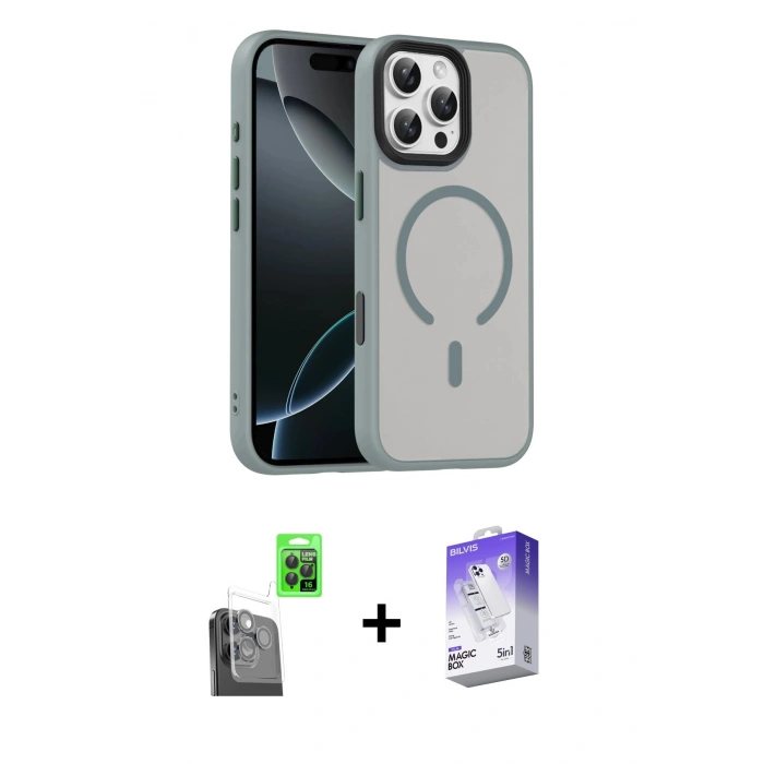 MARSİLYAN™- iPhone 16 Pro Max Kılıf Doruk Form Serisi - Siyah Bilvis 5in1 3D Magic Cam Ekran Koruyucu + Raze Metal Kamera Lens - SH