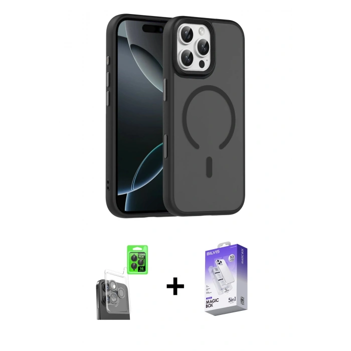 MARSİLYAN™- iPhone 16 Pro Max Kılıf Doruk Form Serisi - Siyah Bilvis 5in1 3D Magic Cam Ekran Koruyucu + Raze Metal Kamera Lens - SH