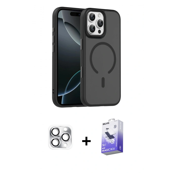 MARSİLYAN™- iPhone 16 Pro Max Kılıf Doruk Form Serisi - Siyah Bilvis 5in1 5D Magic Hayalet Cam Ekran Koruyucu + Pers Alüminyum Kamera Lens - GS