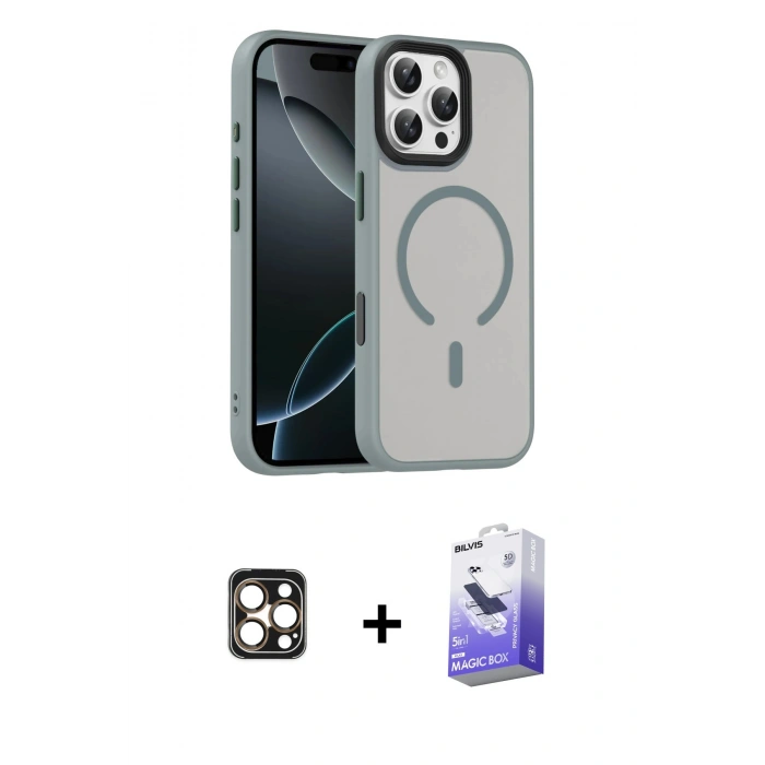 MARSİLYAN™- iPhone 16 Pro Max Kılıf Doruk Form Serisi - Siyah Bilvis 5in1 5D Magic Hayalet Cam Ekran Koruyucu + PVD Metal Kamera Lens - GD