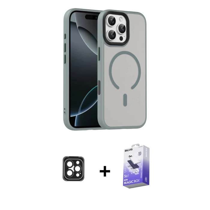 MARSİLYAN™- iPhone 16 Pro Max Kılıf Doruk Form Serisi - Siyah Bilvis 5in1 5D Magic Hayalet Cam Ekran Koruyucu + PVD Metal Kamera Lens - SH