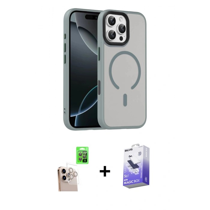 MARSİLYAN™- iPhone 16 Pro Max Kılıf Doruk Form Serisi - Siyah Bilvis 5in1 5D Magic Hayalet Cam Ekran Koruyucu + Raze Metal Kamera Lens - NLGY