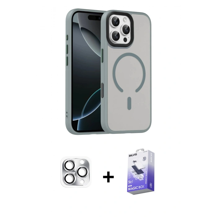 MARSİLYAN™- iPhone 16 Pro Max Kılıf Doruk Form Serisi - Siyah Bilvis 5in1 5D Magic Hayalet Cam Ekran Koruyucu + Pers Alüminyum Kamera Lens - GS