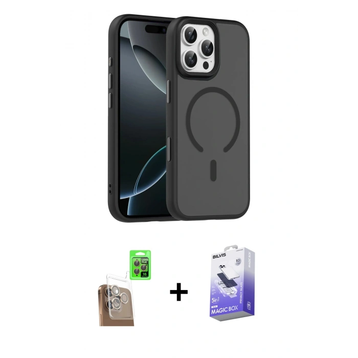 MARSİLYAN™- iPhone 16 Pro Max Kılıf Doruk Form Serisi - Siyah Bilvis 5in1 5D Magic Hayalet Cam Ekran Koruyucu + Raze Metal Kamera Lens - CLTM