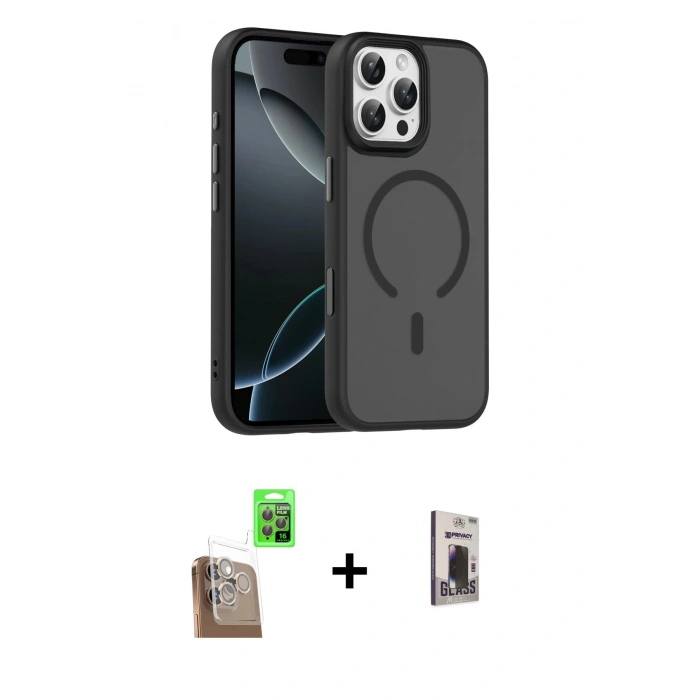 MARSİLYAN™- iPhone 16 Pro Max Kılıf Doruk Form Serisi - Siyah Bilvis Hayalet Cam Ekran Koruyucu + Raze Metal Kamera Lens - CLTM