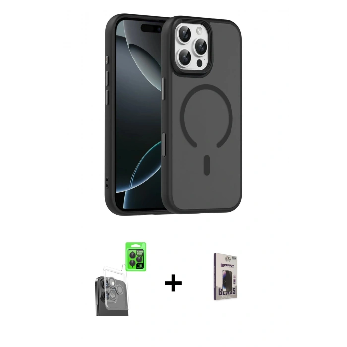 MARSİLYAN™- iPhone 16 Pro Max Kılıf Doruk Form Serisi - Siyah Bilvis Hayalet Cam Ekran Koruyucu + Raze Metal Kamera Lens - SH