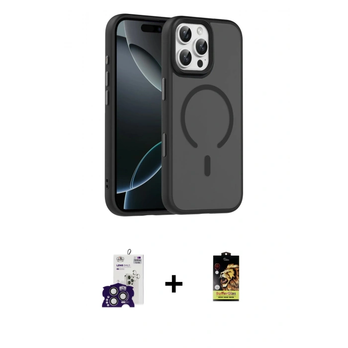 MARSİLYAN™- iPhone 16 Pro Max Kılıf Doruk Form Serisi - Siyah Buffer Cam Ekran Koruyucu + Bilvis Titan Kamera Lens - TMGI