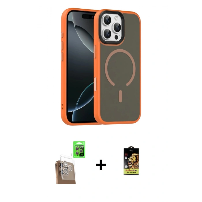MARSİLYAN™- iPhone 16 Pro Max Kılıf Doruk Form Serisi - Siyah Buffer Cam Ekran Koruyucu + Çöl Titanyum Raze Metal Kamera Lens