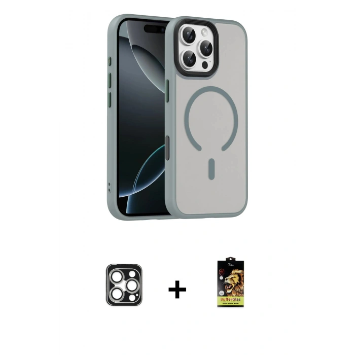 MARSİLYAN™- iPhone 16 Pro Max Kılıf Doruk Form Serisi - Siyah Buffer Cam Ekran Koruyucu + Gümüş PVD Metal Kamera Lens