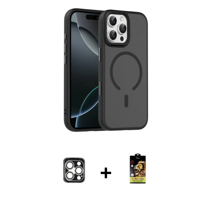 MARSİLYAN™- iPhone 16 Pro Max Kılıf Doruk Form Serisi - Siyah Buffer Cam Ekran Koruyucu + Gümüş PVD Metal Kamera Lens
