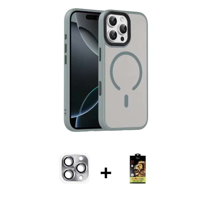 MARSİLYAN™- iPhone 16 Pro Max Kılıf Doruk Form Serisi - Siyah Buffer Cam Ekran Koruyucu + Pers Alüminyum Kamera Lens - GI
