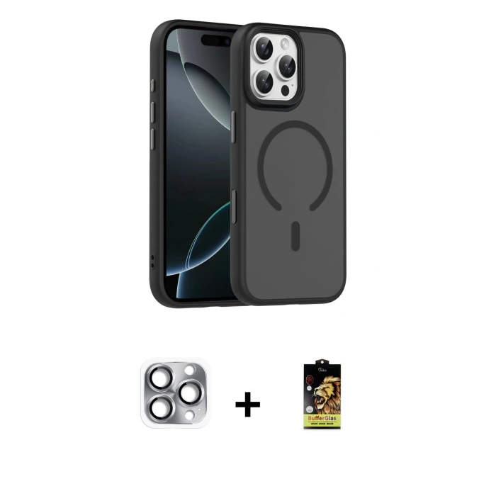 MARSİLYAN™- iPhone 16 Pro Max Kılıf Doruk Form Serisi - Siyah Buffer Cam Ekran Koruyucu + Pers Alüminyum Kamera Lens - GI