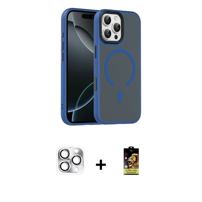 MARSİLYAN™- iPhone 16 Pro Max Kılıf Doruk Form Serisi - Siyah Buffer Cam Ekran Koruyucu + Pers Alüminyum Kamera Lens - GS