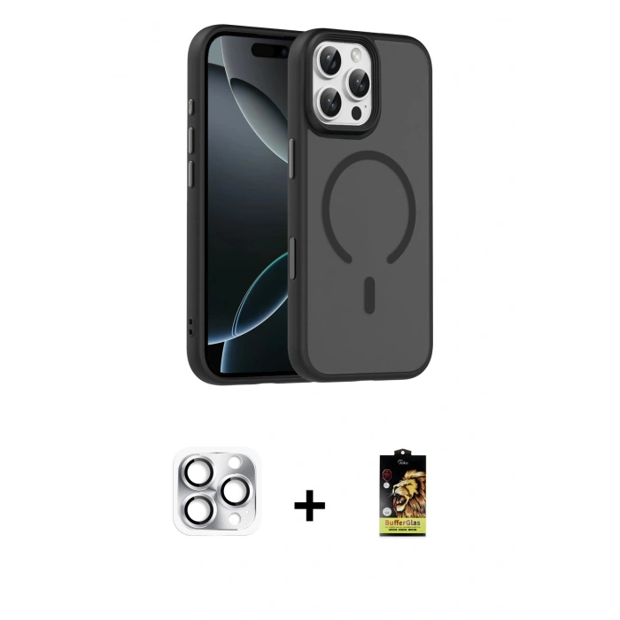 MARSİLYAN™- iPhone 16 Pro Max Kılıf Doruk Form Serisi - Siyah Buffer Cam Ekran Koruyucu + Pers Alüminyum Kamera Lens - GS