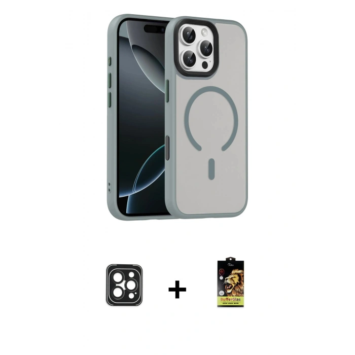 MARSİLYAN™- iPhone 16 Pro Max Kılıf Doruk Form Serisi - Siyah Buffer Cam Ekran Koruyucu + PVD Metal Kamera Lens - SH