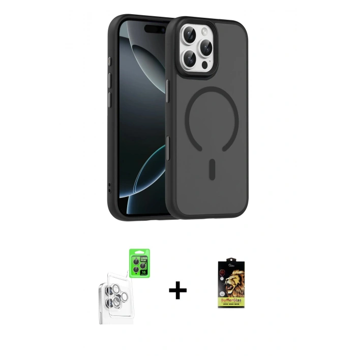 MARSİLYAN™- iPhone 16 Pro Max Kılıf Doruk Form Serisi - Siyah Buffer Cam Ekran Koruyucu + Raze Metal Kamera Lens - BZ