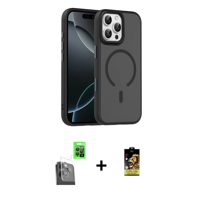 MARSİLYAN™- iPhone 16 Pro Max Kılıf Doruk Form Serisi - Siyah Buffer Cam Ekran Koruyucu + Raze Metal Kamera Lens - SH