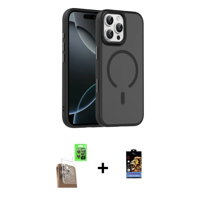 MARSİLYAN™- iPhone 16 Pro Max Kılıf Doruk Form Serisi - Siyah Buffer Hayalet Cam Ekran Koruyucu + Raze Metal Kamera Lens - CLTM