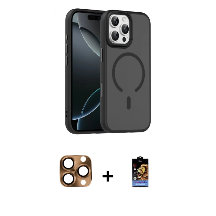 MARSİLYAN™- iPhone 16 Pro Max Kılıf Doruk Form Serisi - Siyah Buffer Hayalet Cam Ekran Koruyucu + Pers Alüminyum Kamera Lens - CLTM
