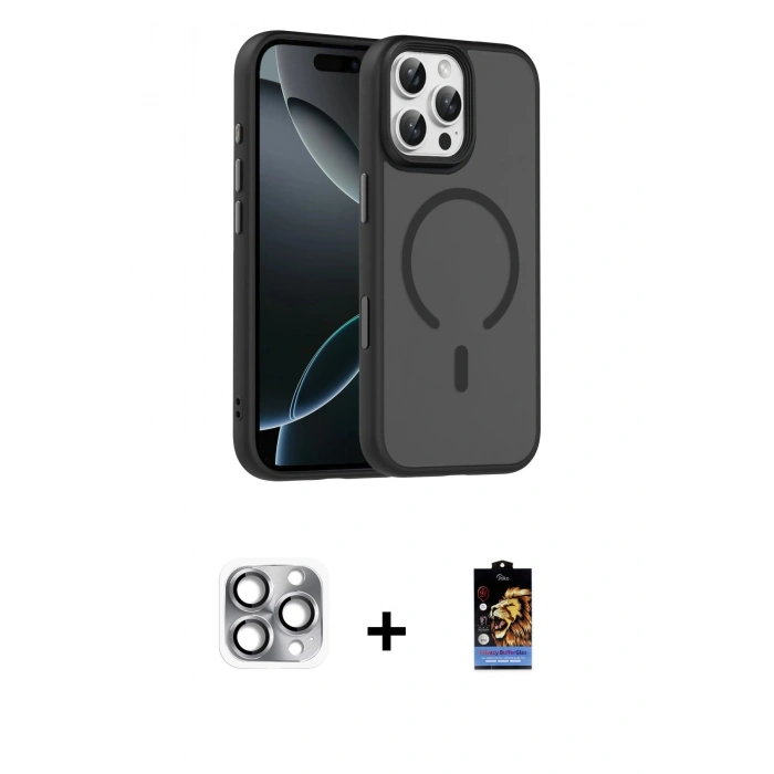 MARSİLYAN™- iPhone 16 Pro Max Kılıf Doruk Form Serisi - Siyah Buffer Hayalet Cam Ekran Koruyucu + Pers Alüminyum Kamera Lens - GI